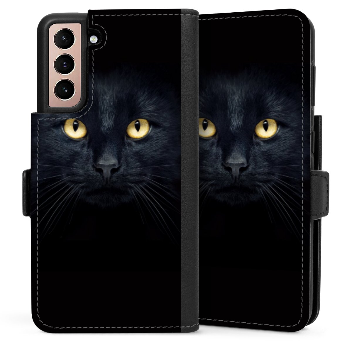 Galaxy S21 5G Handy Klapphülle Handyhülle aus Kunst Leder schwarz Flip Case Eye Cat Black Sideflip mit Lasche