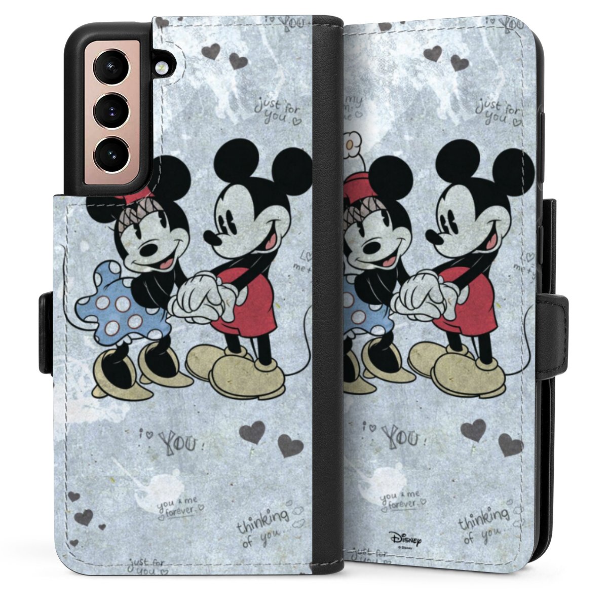 Galaxy S21 5G Handy Klapphülle Handyhülle aus Kunst Leder schwarz Flip Case Mickey & Minnie Mouse Vintage Disney Sideflip mit Lasche