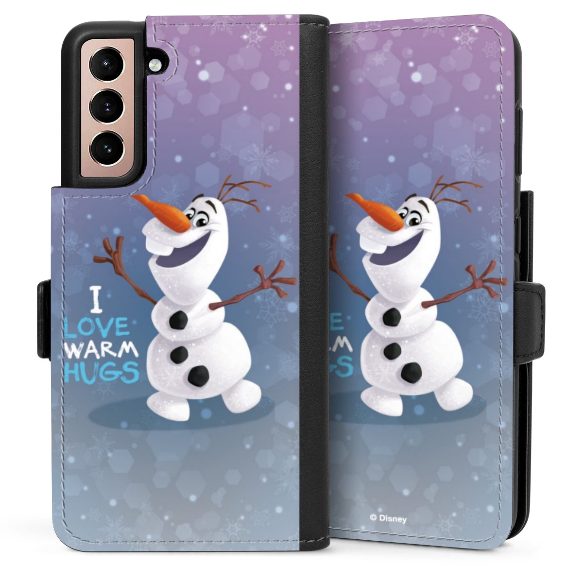 Galaxy S21 5G Handy Klapphülle Handyhülle aus Kunst Leder schwarz Flip Case Frozen Frozen Olaf Official Licensed Product Sideflip mit Lasche