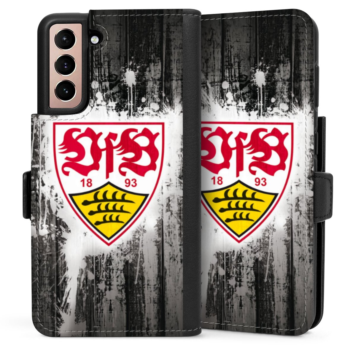 Galaxy S21 5G Handy Klapphülle Handyhülle aus Kunst Leder schwarz Flip Case Vfb Stuttgart Official Licensed Product Sideflip mit Lasche