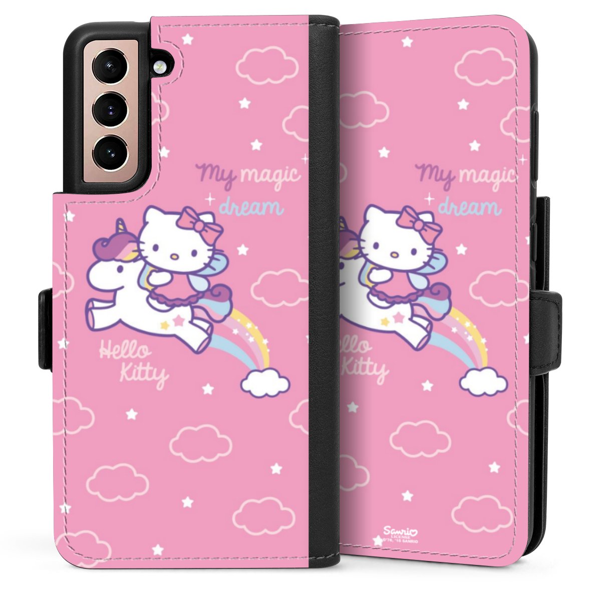 Galaxy S21 5G Handy Klapphülle Handyhülle aus Kunst Leder schwarz Flip Case Einhorn Official Licensed Product Hello Kitty Sideflip mit Lasche