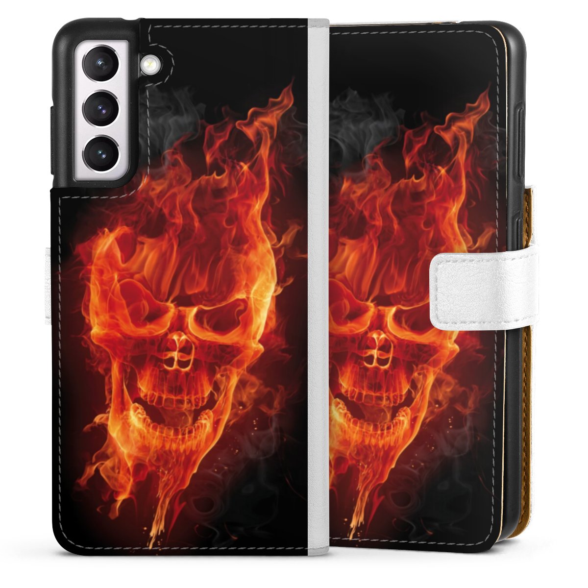 Galaxy S21 5G Handy Klapphülle Handyhülle aus Kunst Leder weiß Flip Case Totenkopf Skull Fire Sideflip mit Lasche