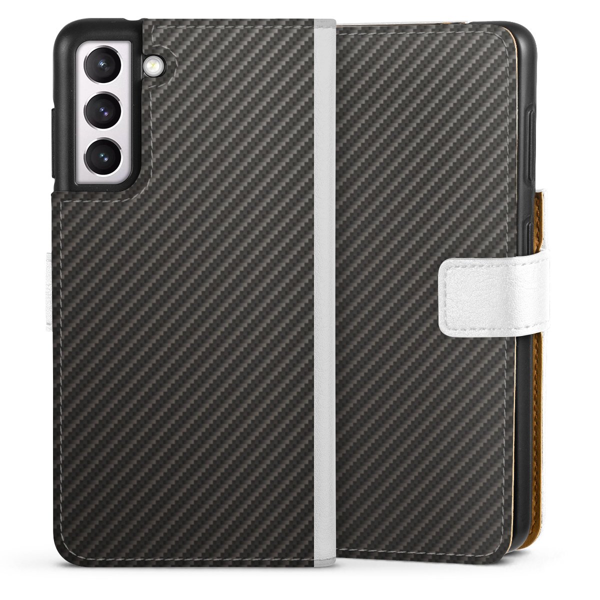 Galaxy S21 5G Handy Klapphülle Handyhülle aus Kunst Leder weiß Flip Case Metallic Look Carbon Muster Sideflip mit Lasche