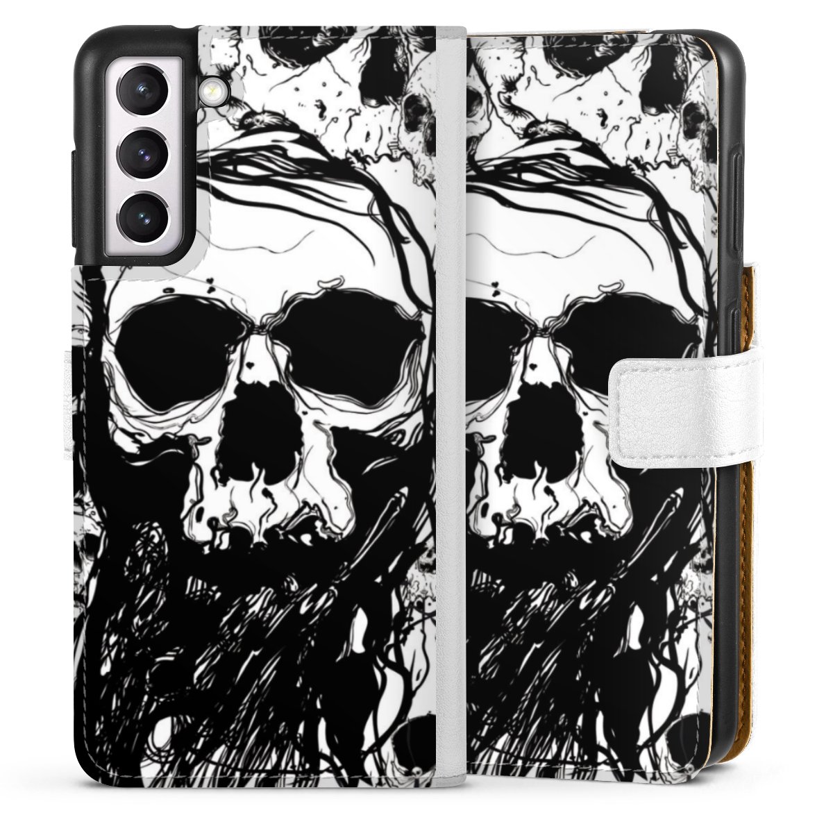 Galaxy S21 5G Handy Klapphülle Handyhülle aus Kunst Leder weiß Flip Case Totenkopf Halloween Sideflip mit Lasche