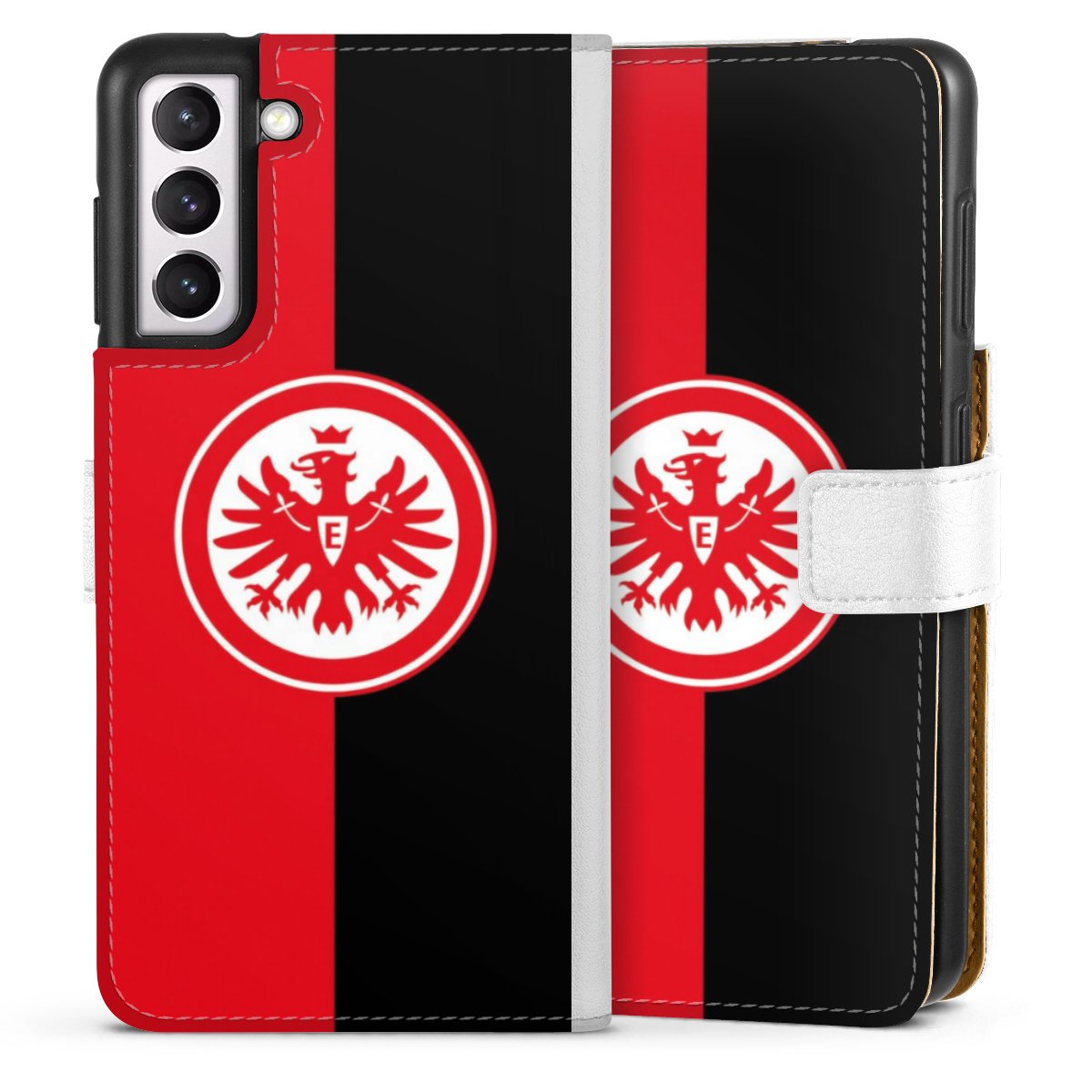 Galaxy S21 5G Handy Klapphülle Handyhülle aus Kunst Leder weiß Flip Case Official Licensed Product Eintracht Frankfurt Sge Sideflip mit Lasche