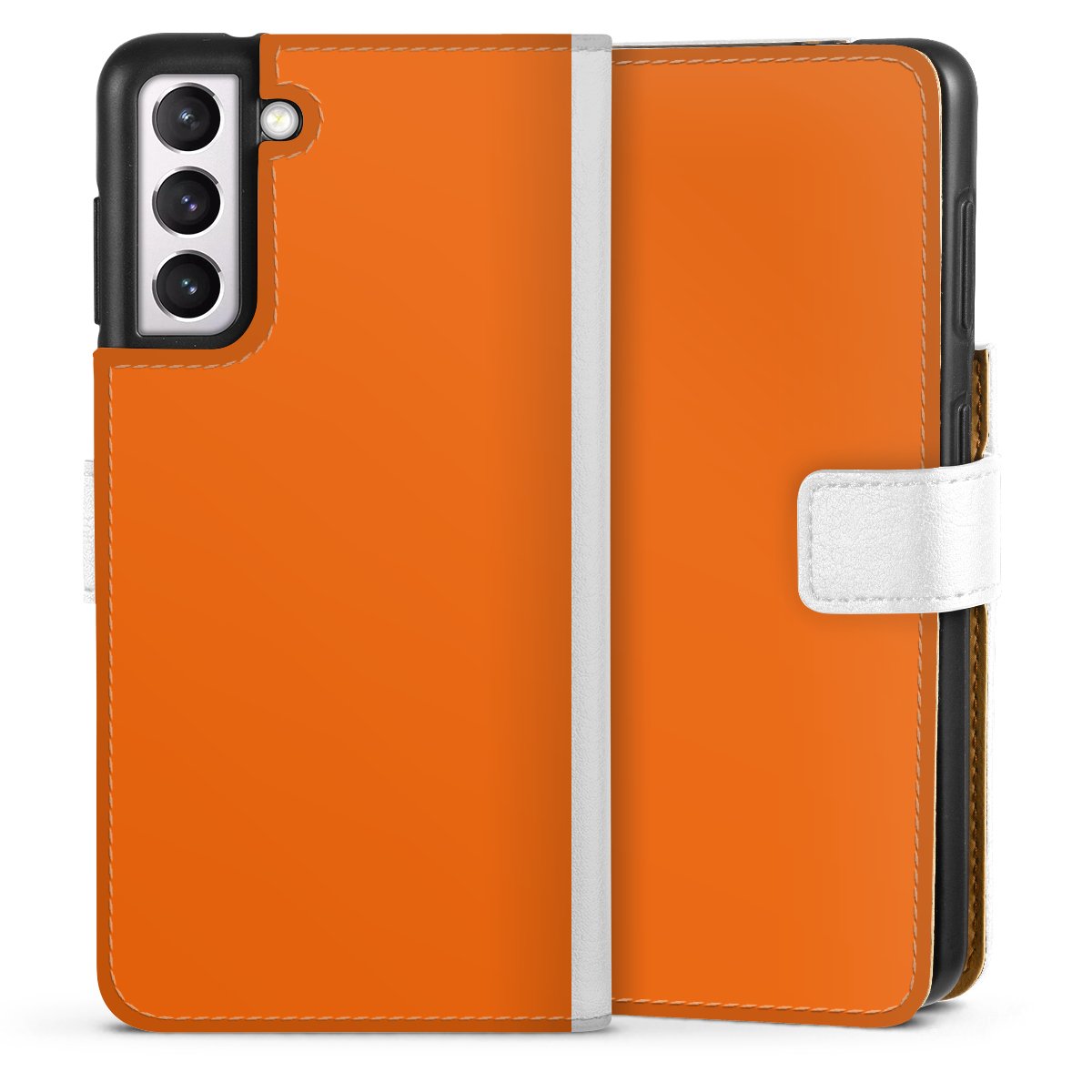 Galaxy S21 5G Handy Klapphülle Handyhülle aus Kunst Leder weiß Flip Case Orange Colour Unicoloured Sideflip mit Lasche