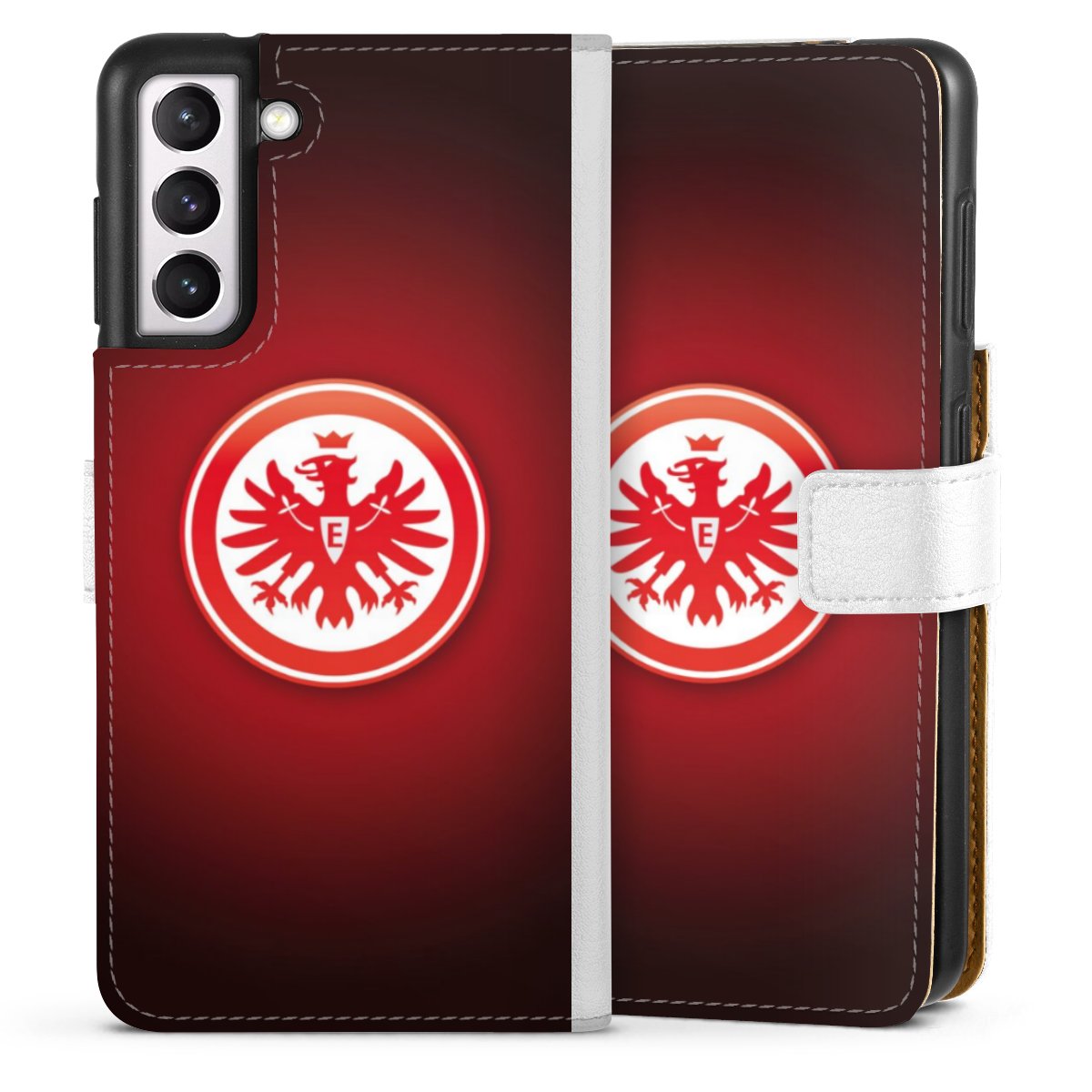 Galaxy S21 5G Handy Klapphülle Handyhülle aus Kunst Leder weiß Flip Case Eintracht Frankfurt Official Licensed Product Coat Of Arms Sideflip mit Lasche