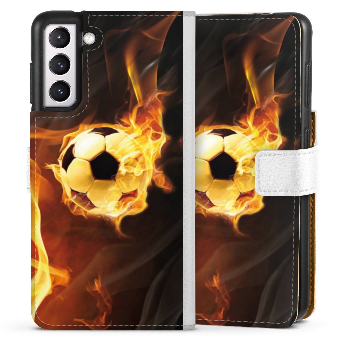 Galaxy S21 5G Handy Klapphülle Handyhülle aus Kunst Leder weiß Flip Case Ball Fire Soccer Sideflip mit Lasche