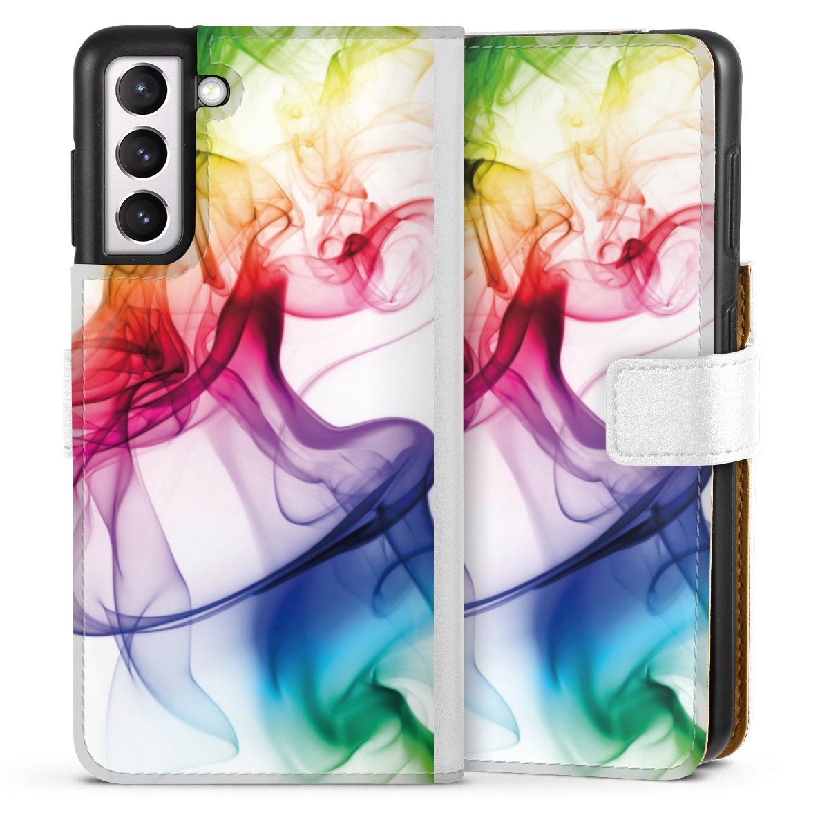 Galaxy S21 5G Handy Klapphülle Handyhülle aus Kunst Leder weiß Flip Case Water Colour Rainbow Sideflip mit Lasche