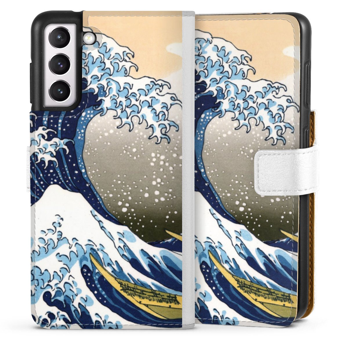 Galaxy S21 5G Handy Klapphülle Handyhülle aus Kunst Leder weiß Flip Case Kunst Katsushika Hokusai Die Große Welle Vor Kanagawa Sideflip mit Lasche