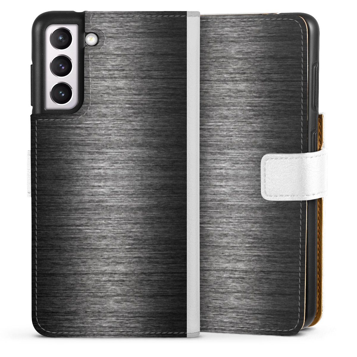 Galaxy S21 5G Handy Klapphülle Handyhülle aus Kunst Leder weiß Flip Case Metallic Look Anthracite Metal Sideflip mit Lasche