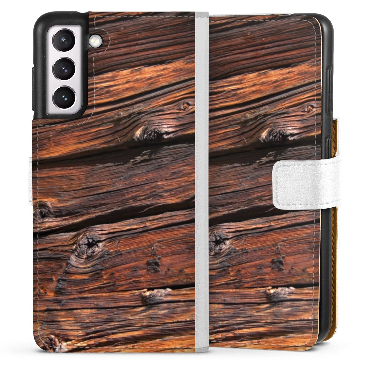 Galaxy S21 5G Handy Klapphülle Handyhülle aus Kunst Leder weiß Flip Case Beams Wooden Look Wood Sideflip mit Lasche