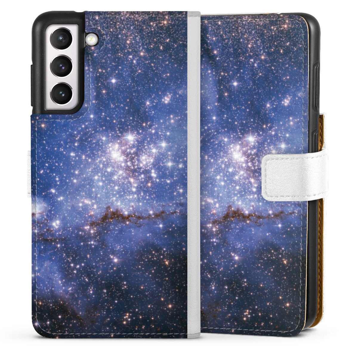 Galaxy S21 5G Handy Klapphülle Handyhülle aus Kunst Leder weiß Flip Case Weltall Galaxy Weltraum Sideflip mit Lasche