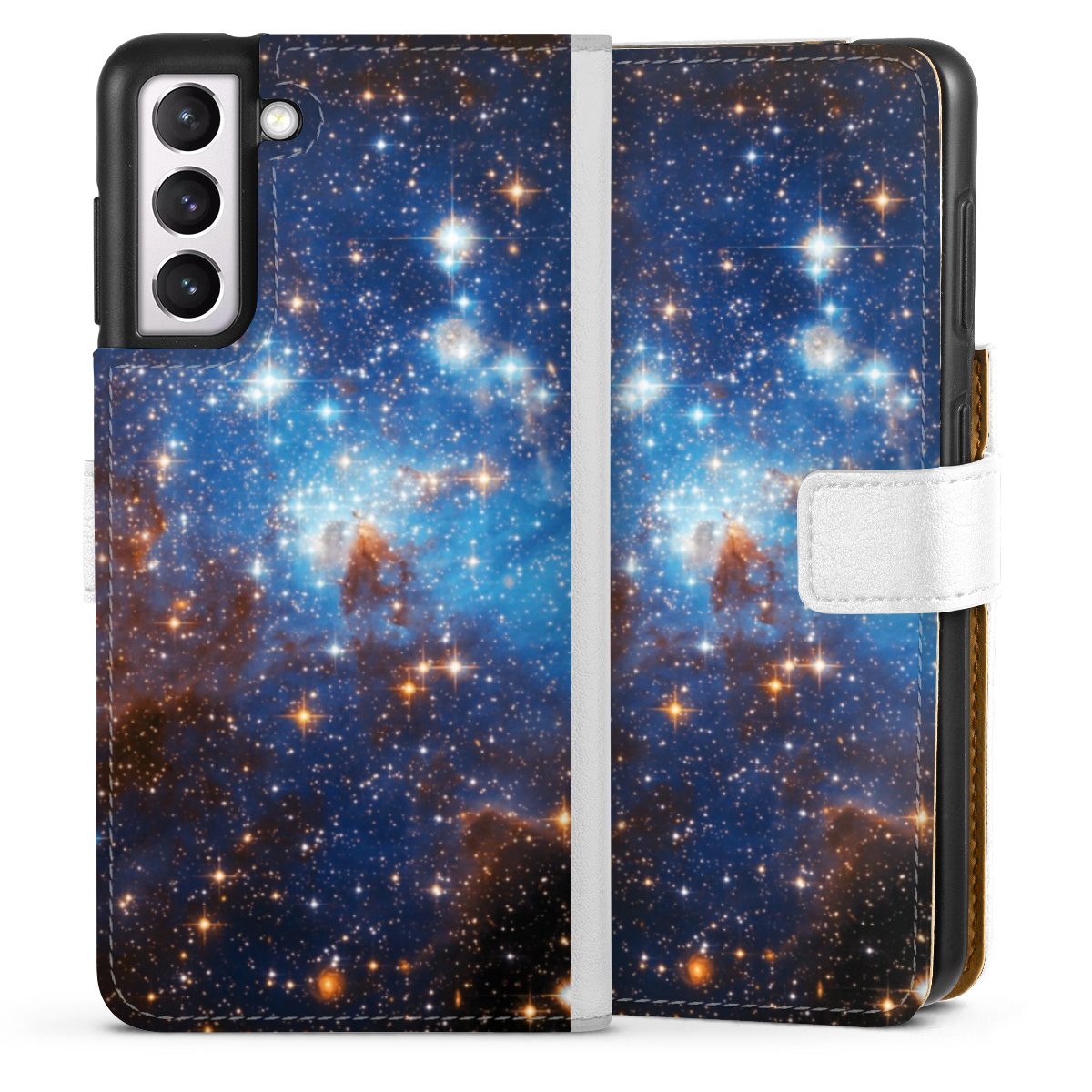 Galaxy S21 5G Handy Klapphülle Handyhülle aus Kunst Leder weiß Flip Case Star Weltall Galaxy Sideflip mit Lasche