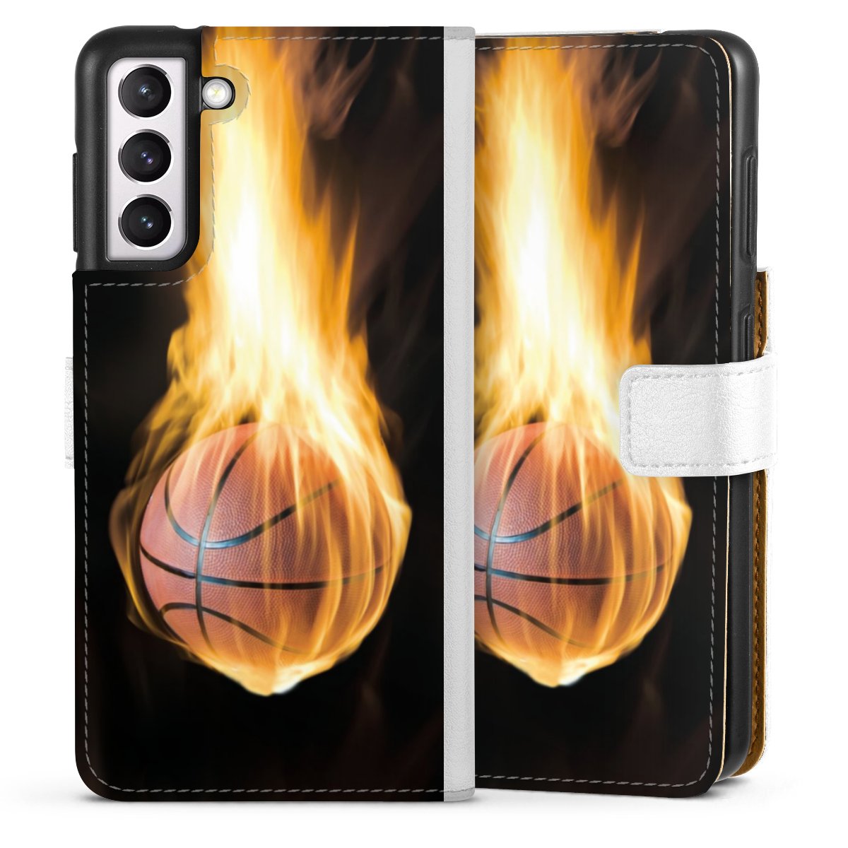 Galaxy S21 5G Handy Klapphülle Handyhülle aus Kunst Leder weiß Flip Case Basketball Sports Fire Sideflip mit Lasche