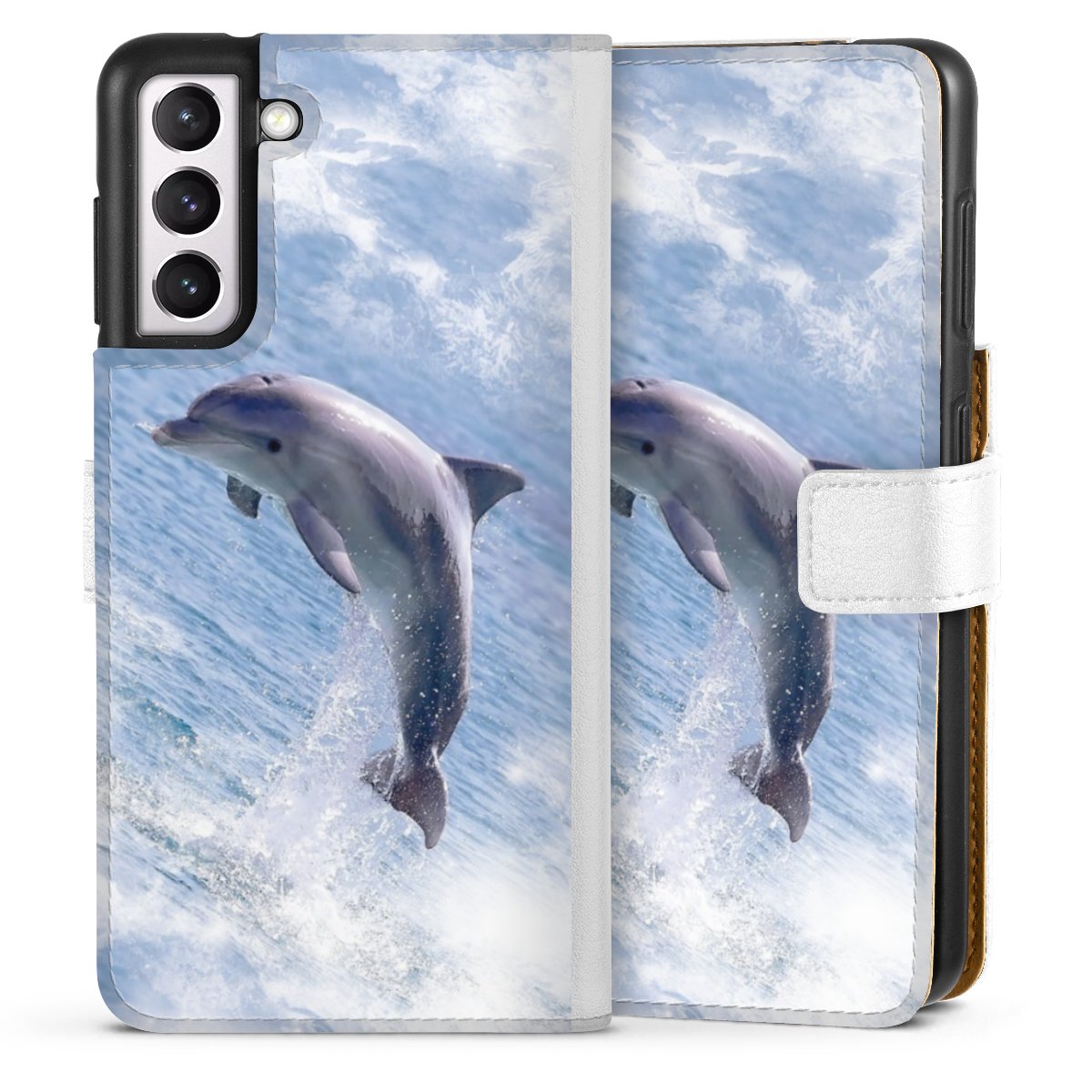 Galaxy S21 5G Handy Klapphülle Handyhülle aus Kunst Leder weiß Flip Case Dolphin Ocean Wale Sideflip mit Lasche