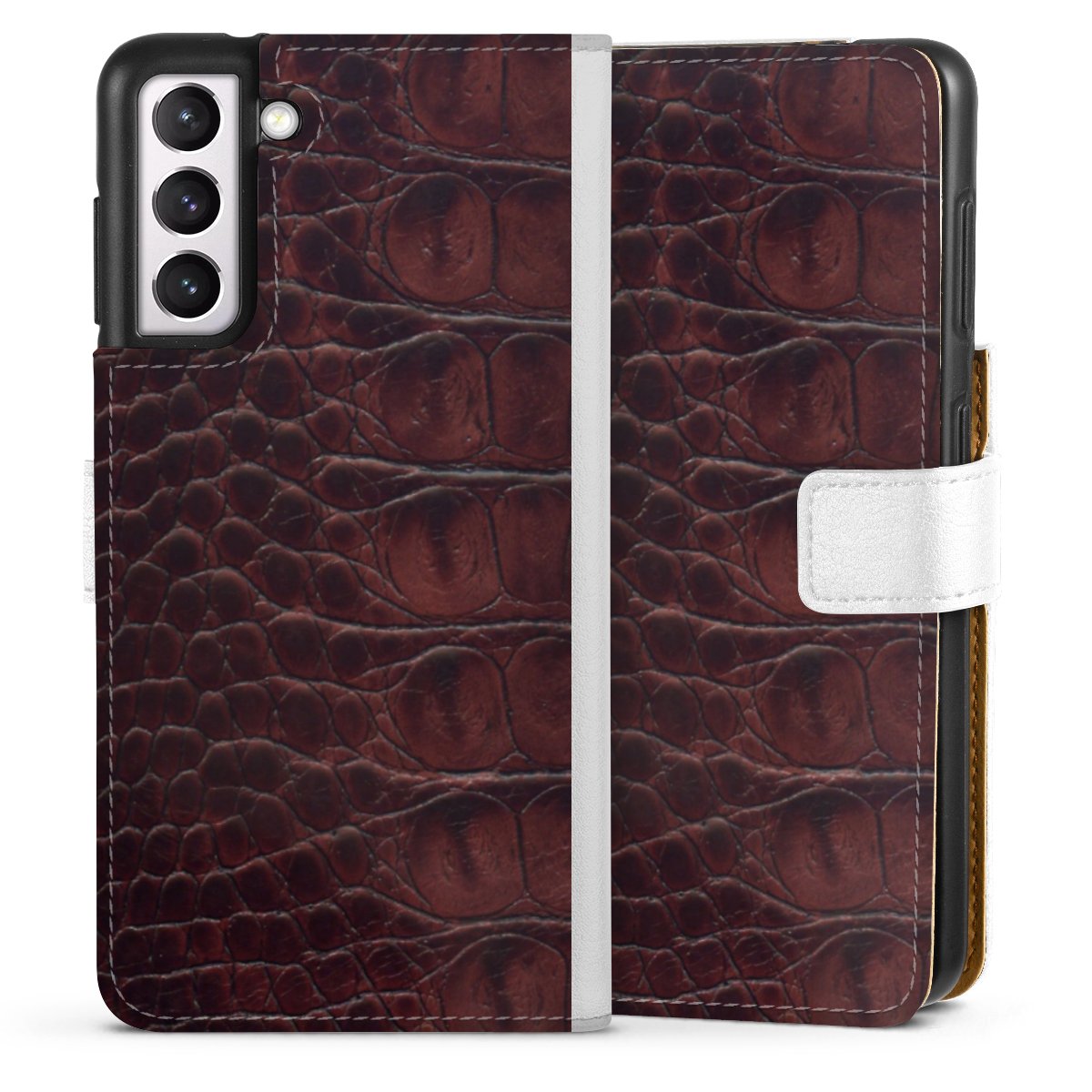 Galaxy S21 5G Handy Klapphülle Handyhülle aus Kunst Leder weiß Flip Case Crocodile Animal Print Leather Sideflip mit Lasche