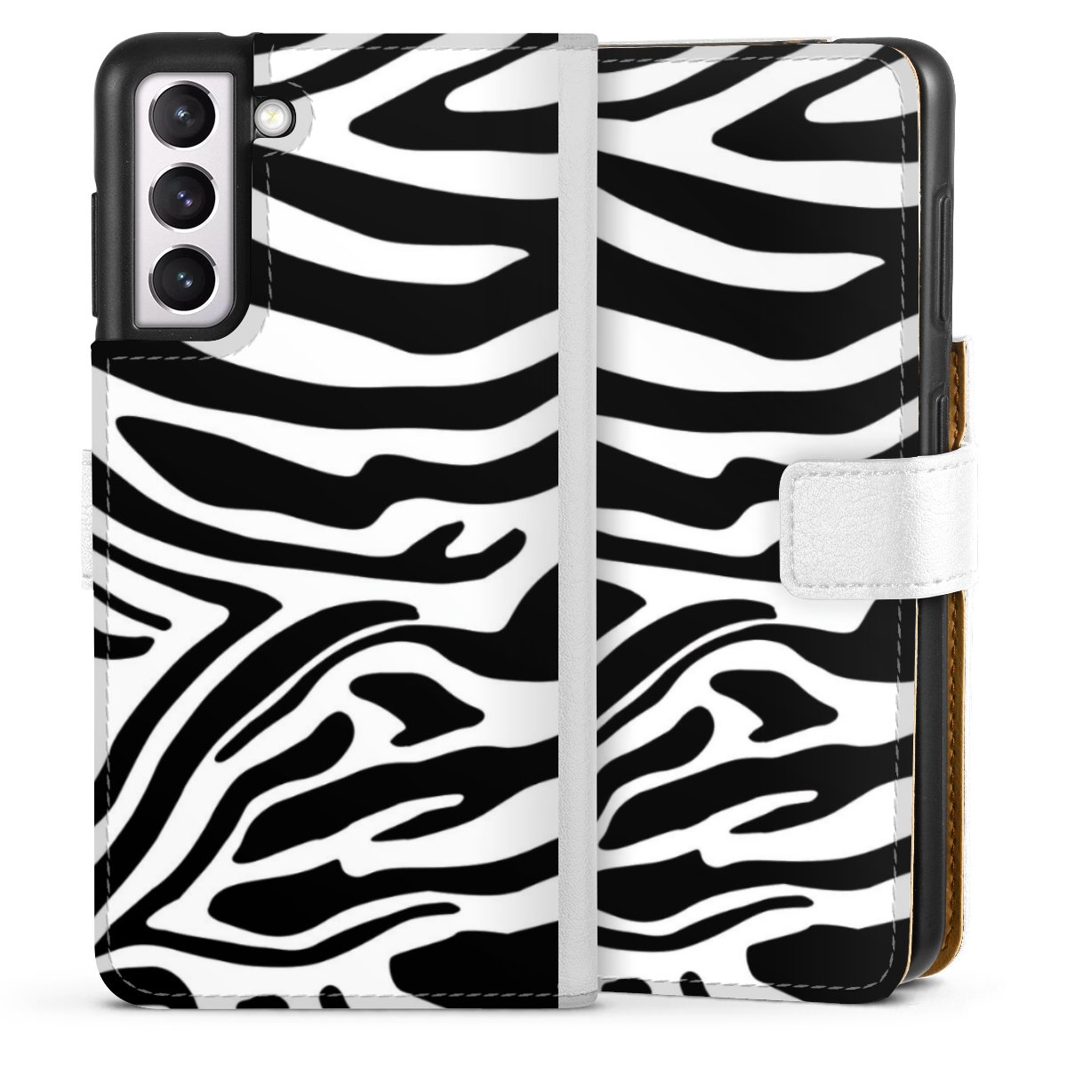 Galaxy S21 5G Handy Klapphülle Handyhülle aus Kunst Leder weiß Flip Case Zebra Animal Look Animal Print Sideflip mit Lasche