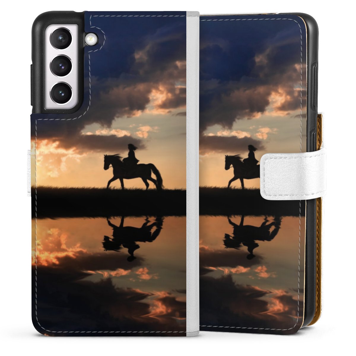 Galaxy S21 5G Handy Klapphülle Handyhülle aus Kunst Leder weiß Flip Case Horse Sunset Horseback Riding Sideflip mit Lasche