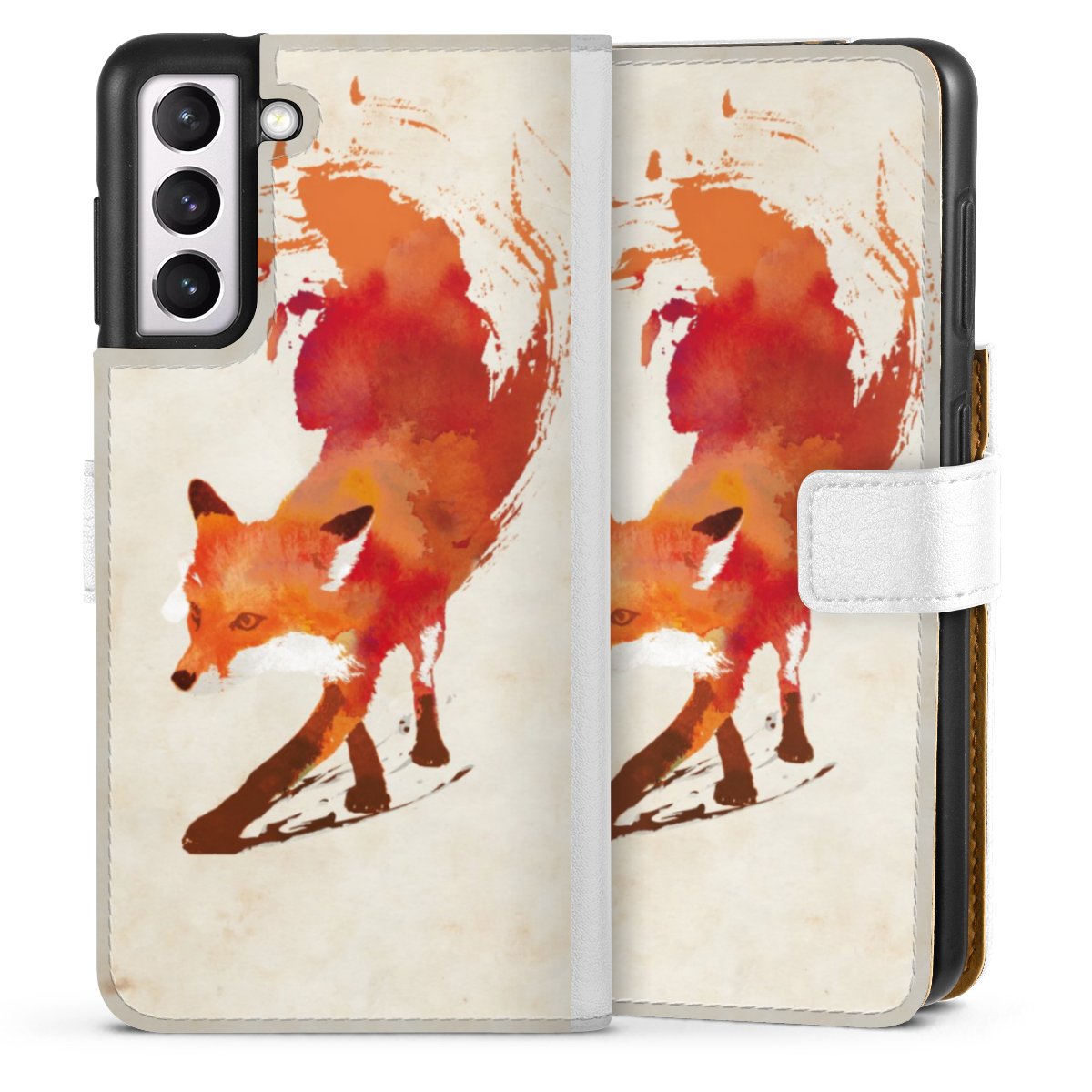 Galaxy S21 5G Handy Klapphülle Handyhülle aus Kunst Leder weiß Flip Case Fox Graphic Sideflip mit Lasche