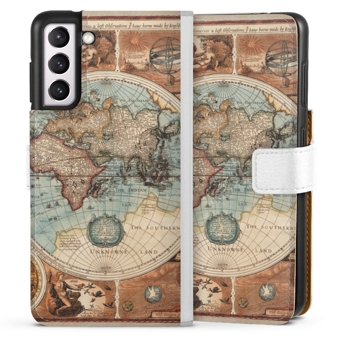 Galaxy S21 5G Handy Klapphülle Handyhülle aus Kunst Leder weiß Flip Case World Map Vintage Map Sideflip mit Lasche