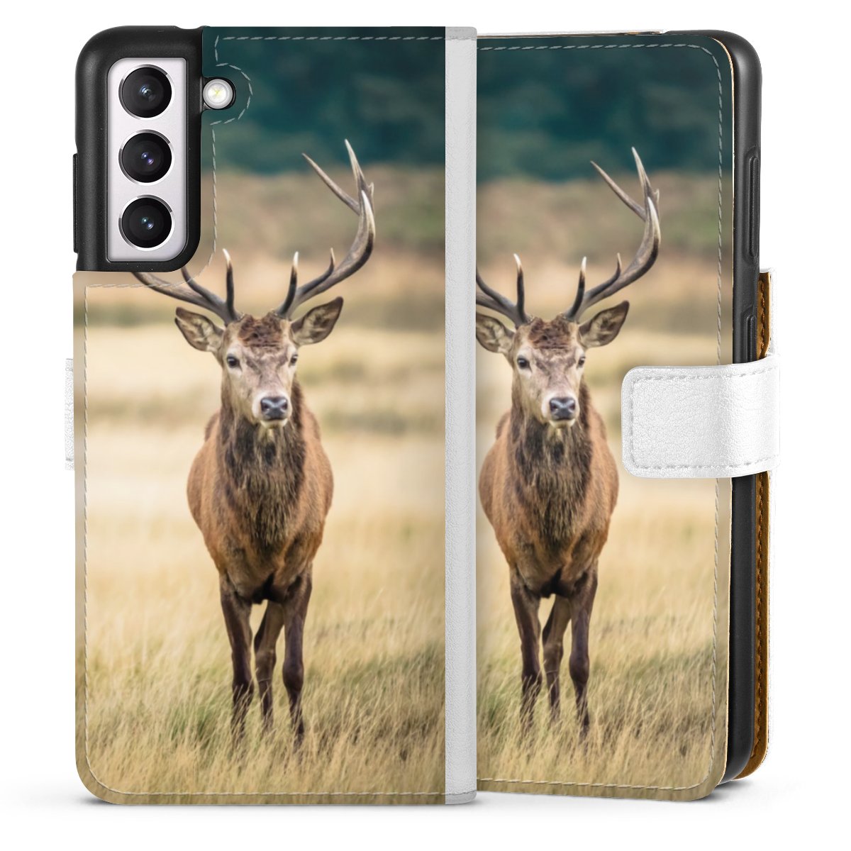 Galaxy S21 5G Handy Klapphülle Handyhülle aus Kunst Leder weiß Flip Case Deer Meadow Forrest Sideflip mit Lasche