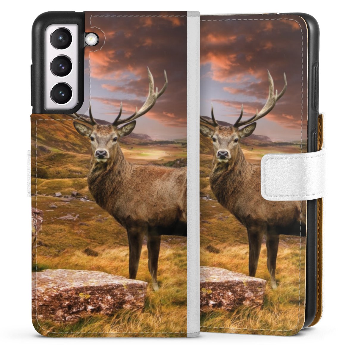 Galaxy S21 5G Handy Klapphülle Handyhülle aus Kunst Leder weiß Flip Case Meadow Mountain Deer Sideflip mit Lasche