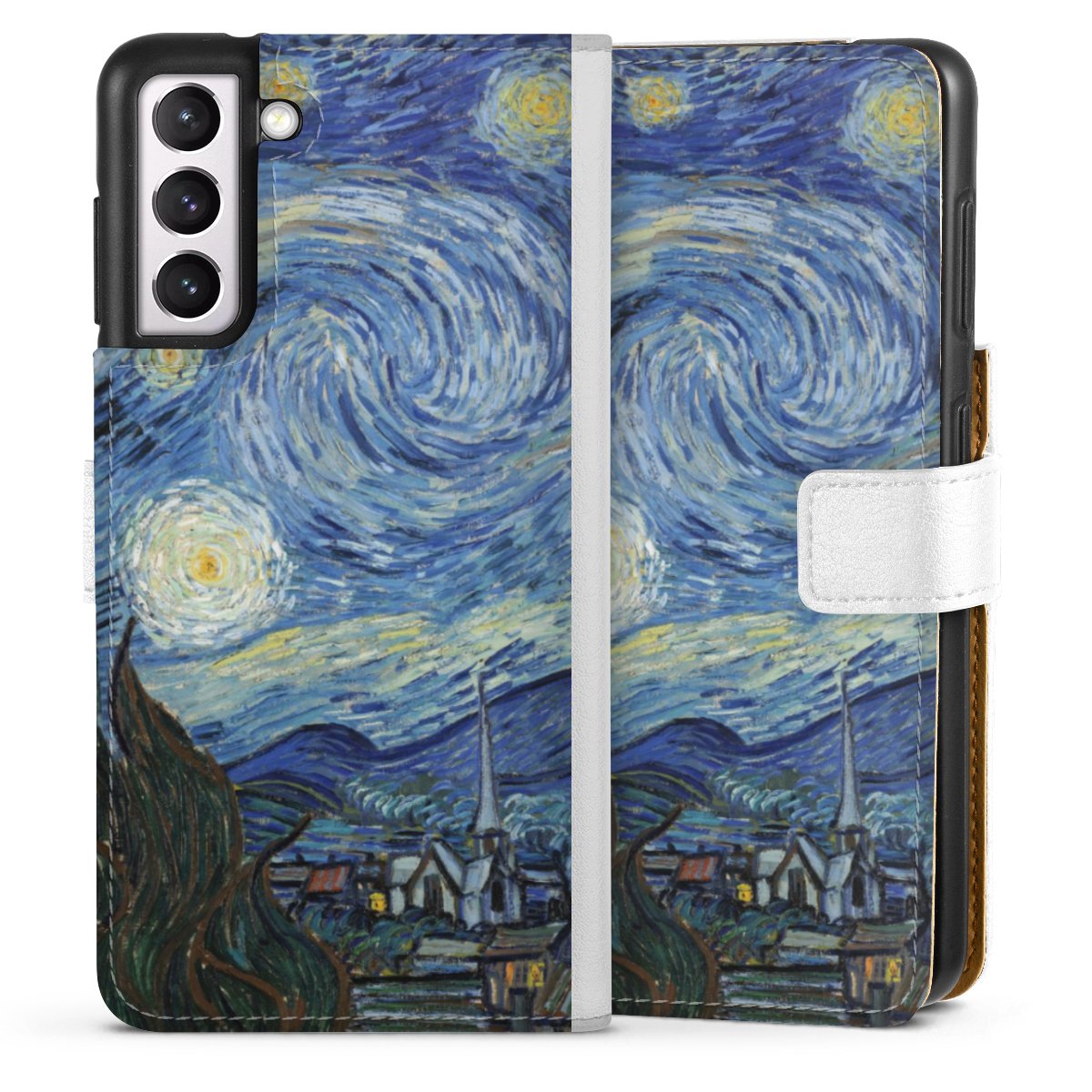 Galaxy S21 5G Handy Klapphülle Handyhülle aus Kunst Leder weiß Flip Case The Starry Night Kunst Vincent Van Gogh Sideflip mit Lasche