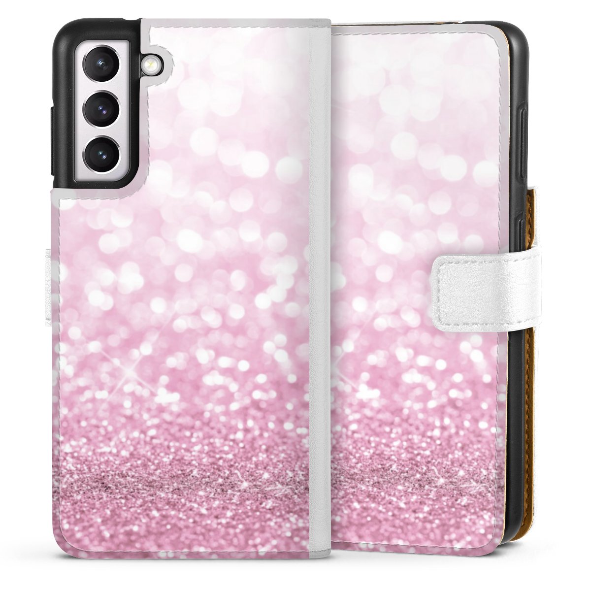 Galaxy S21 5G Handy Klapphülle Handyhülle aus Kunst Leder weiß Flip Case Glitzer Pink Shine Sideflip mit Lasche