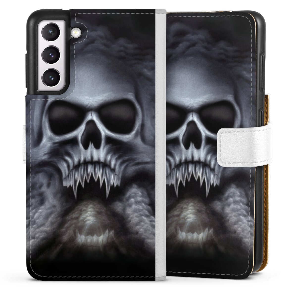 Galaxy S21 5G Handy Klapphülle Handyhülle aus Kunst Leder weiß Flip Case Totenkopf Skull Sideflip mit Lasche