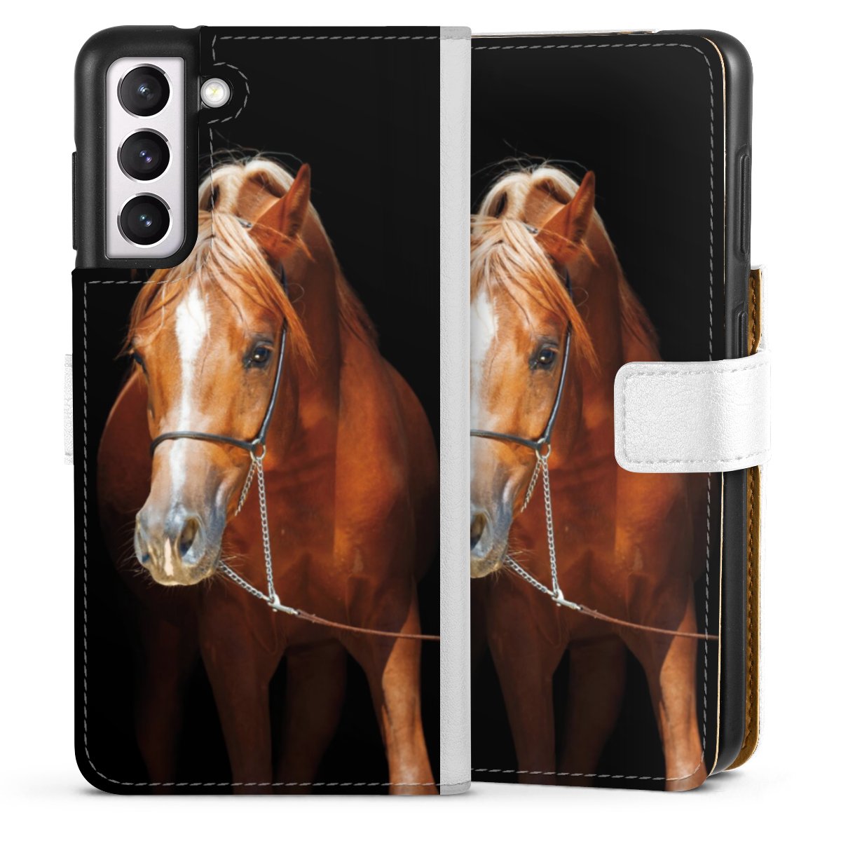 Galaxy S21 5G Handy Klapphülle Handyhülle aus Kunst Leder weiß Flip Case Mare Horse Hobby Sideflip mit Lasche