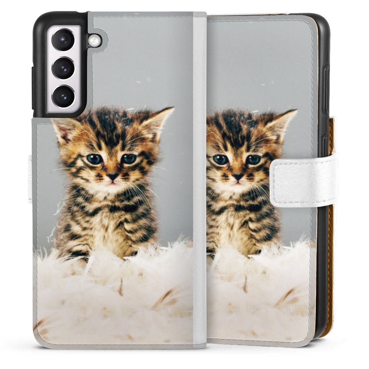 Galaxy S21 5G Handy Klapphülle Handyhülle aus Kunst Leder weiß Flip Case Cat Feather Pet Sideflip mit Lasche