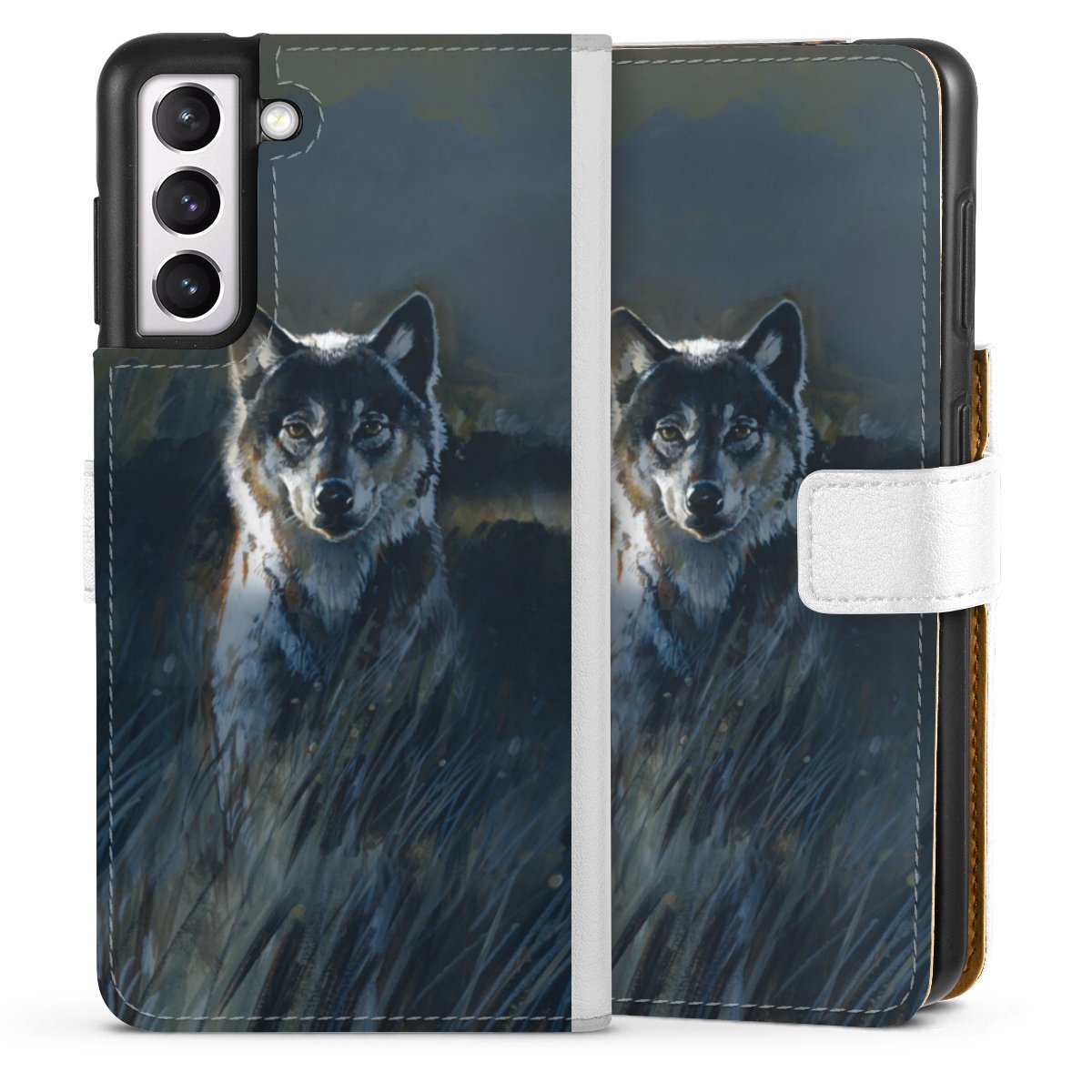 Galaxy S21 5G Handy Klapphülle Handyhülle aus Kunst Leder weiß Flip Case Nature Wolf Painting Sideflip mit Lasche