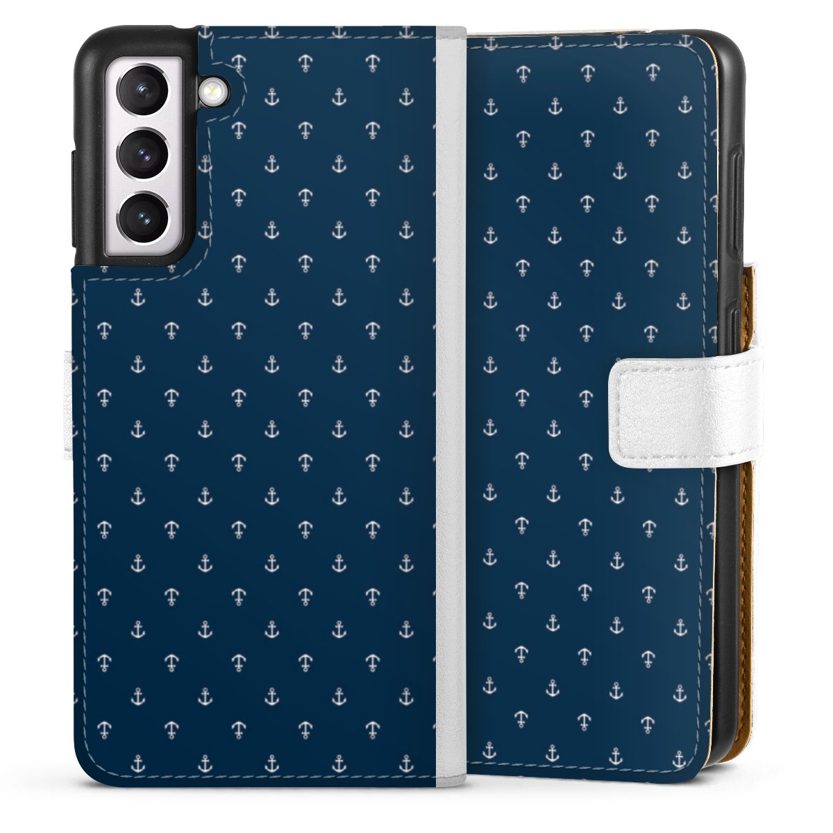 Galaxy S21 5G Handy Klapphülle Handyhülle aus Kunst Leder weiß Flip Case Muster Anchor Sail Sideflip mit Lasche