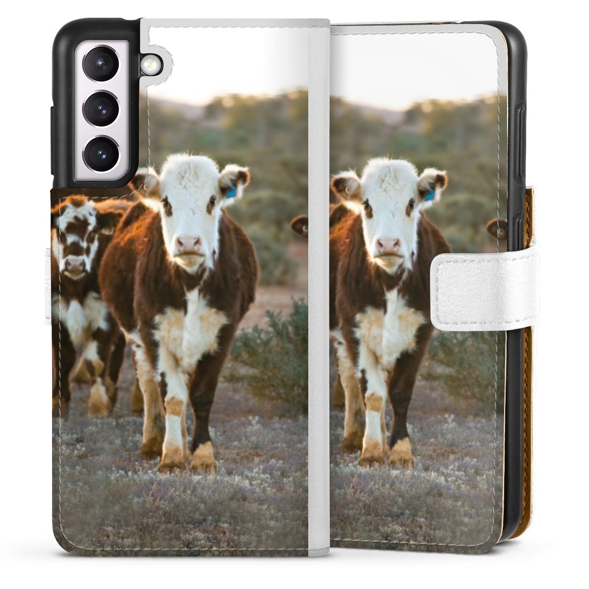 Galaxy S21 5G Handy Klapphülle Handyhülle aus Kunst Leder weiß Flip Case Cow Farmer Calf Sideflip mit Lasche