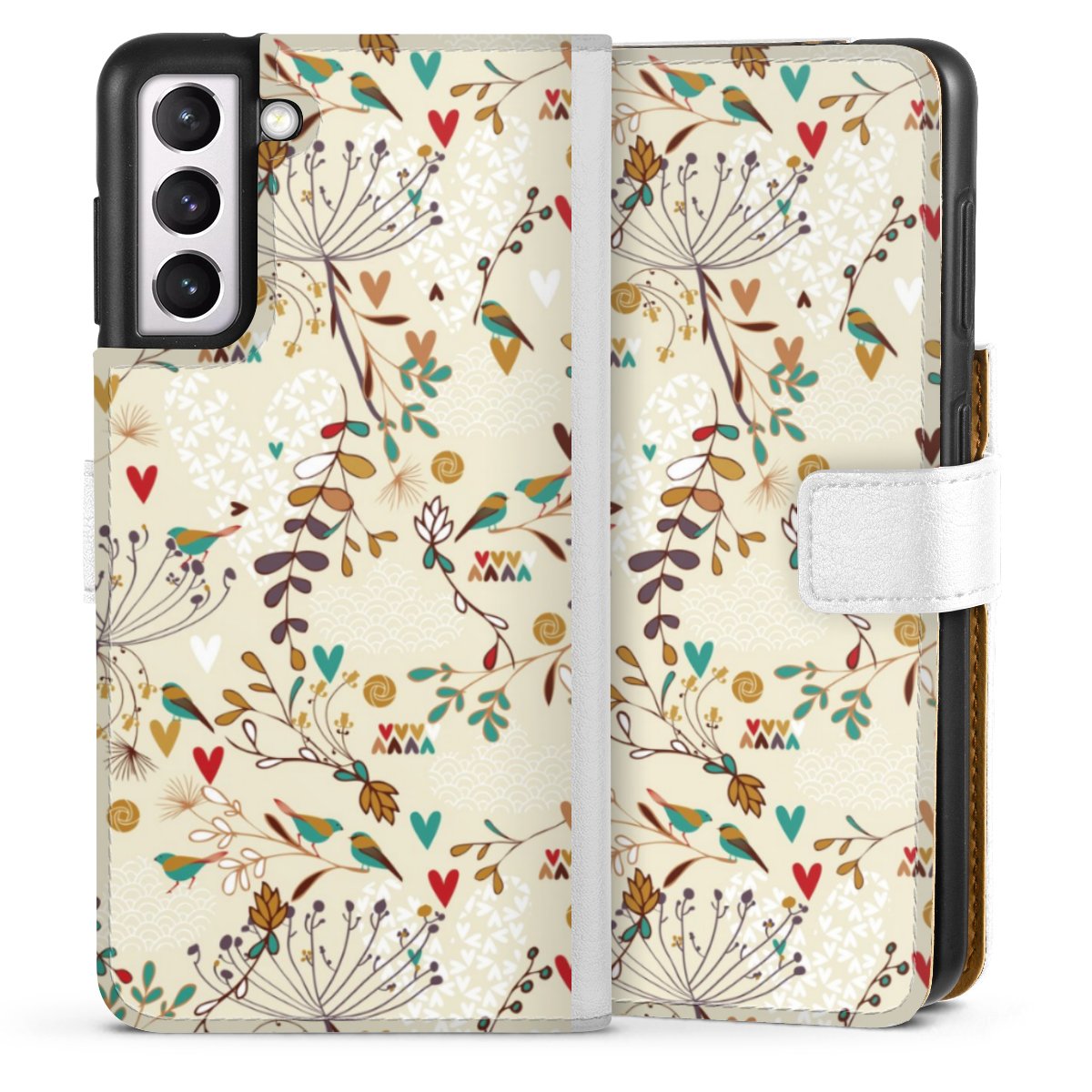 Galaxy S21 5G Handy Klapphülle Handyhülle aus Kunst Leder weiß Flip Case Bird Flowers Retro Sideflip mit Lasche