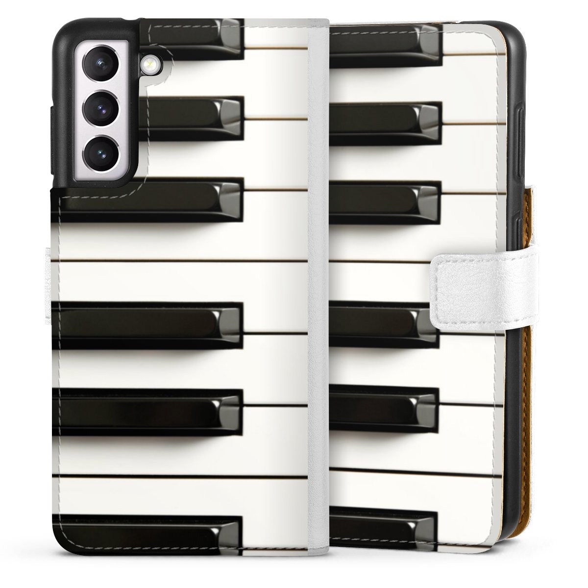 Galaxy S21 5G Handy Klapphülle Handyhülle aus Kunst Leder weiß Flip Case Klavier Piano Music Sideflip mit Lasche