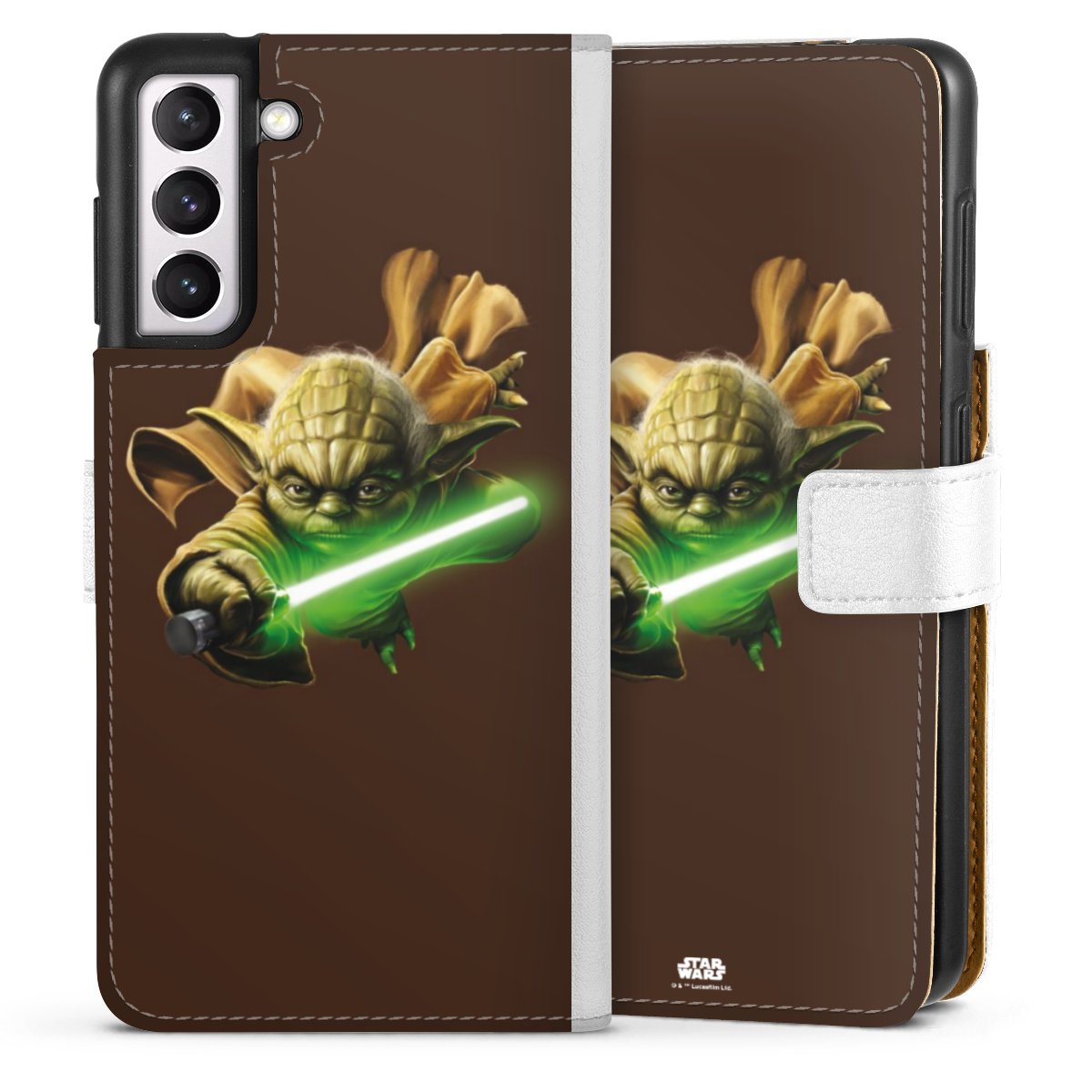 Galaxy S21 5G Handy Klapphülle Handyhülle aus Kunst Leder weiß Flip Case Yoda Merchandise Star Wars Sideflip mit Lasche