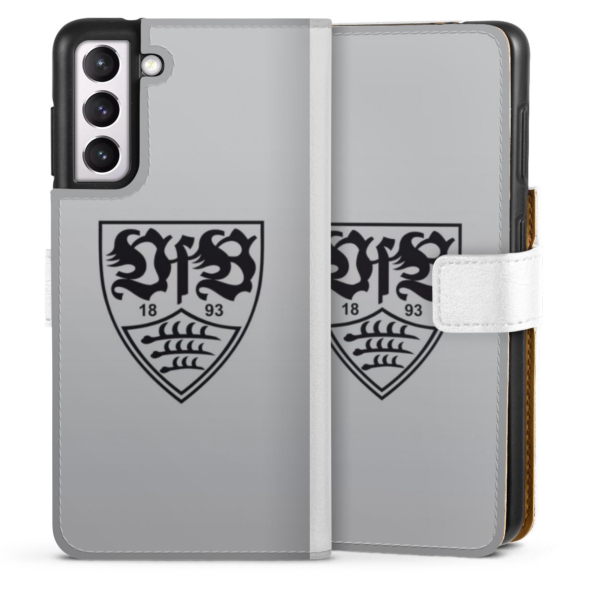 Galaxy S21 5G Handy Klapphülle Handyhülle aus Kunst Leder weiß Flip Case Logo Vfb Stuttgart Official Licensed Product Sideflip mit Lasche