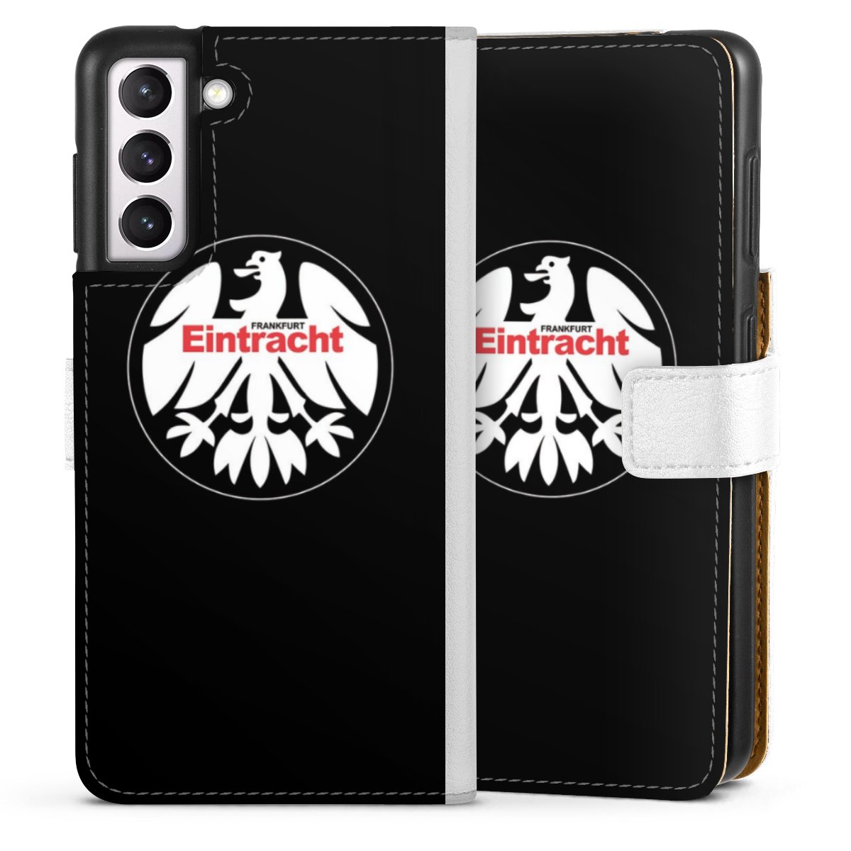 Galaxy S21 5G Handy Klapphülle Handyhülle aus Kunst Leder weiß Flip Case Official Licensed Product Eintracht Frankfurt Sge Sideflip mit Lasche