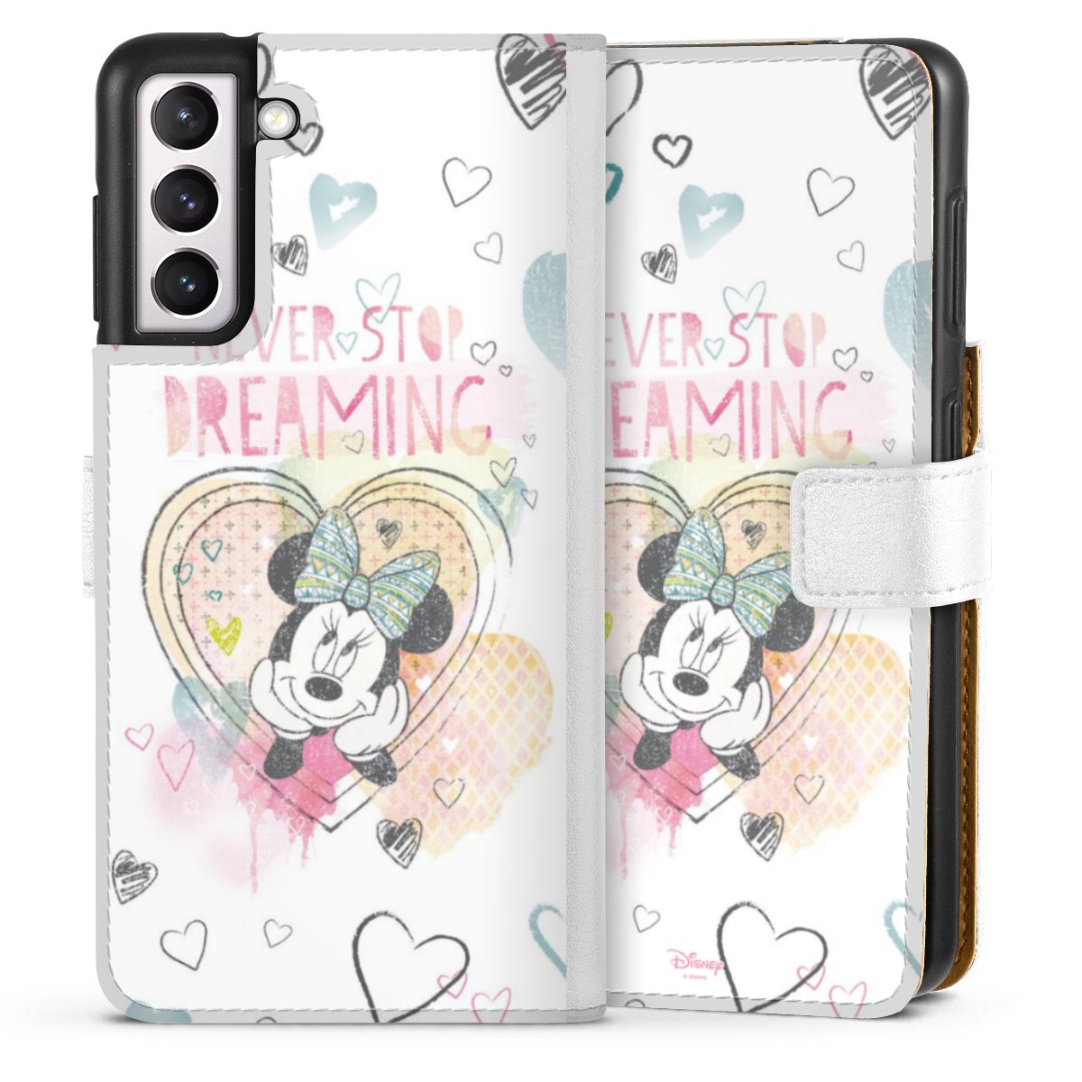 Galaxy S21 5G Handy Klapphülle Handyhülle aus Kunst Leder weiß Flip Case Disney Official Licensed Product Minnie Mouse Sideflip mit Lasche