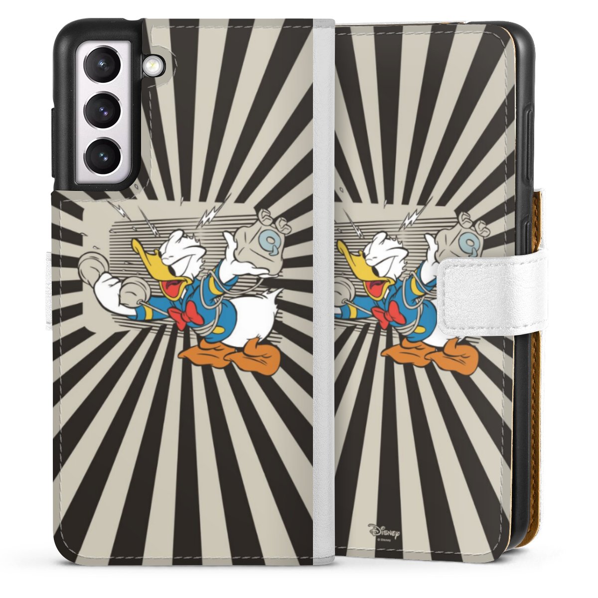 Galaxy S21 5G Handy Klapphülle Handyhülle aus Kunst Leder weiß Flip Case Donald Duck Disney Official Licensed Product Sideflip mit Lasche