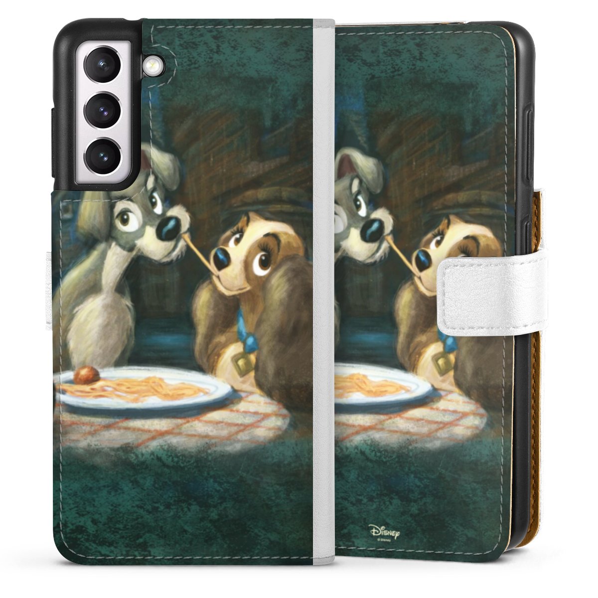 Galaxy S21 5G Handy Klapphülle Handyhülle aus Kunst Leder weiß Flip Case Lady And The Tramp Official Licensed Product Disney Sideflip mit Lasche