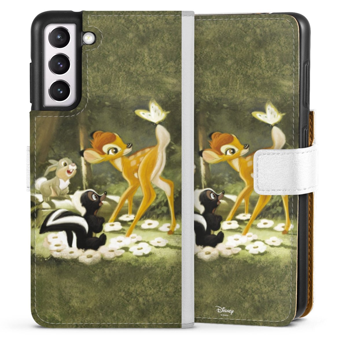 Galaxy S21 5G Handy Klapphülle Handyhülle aus Kunst Leder weiß Flip Case Disney Official Licensed Product Bambi Sideflip mit Lasche