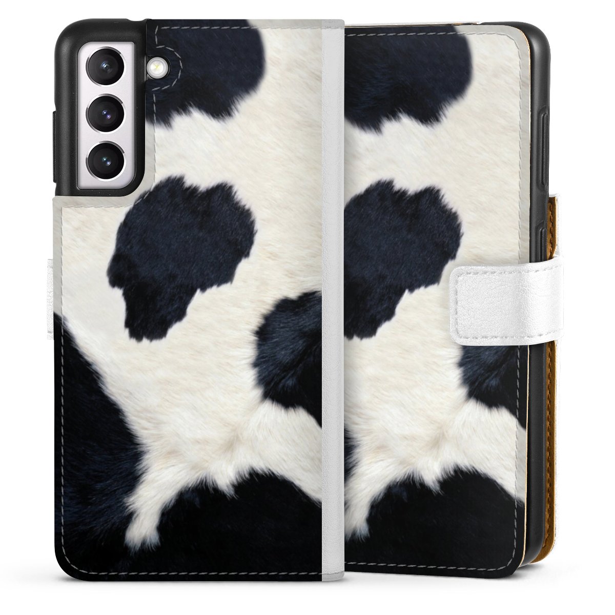 Galaxy S21 5G Handy Klapphülle Handyhülle aus Kunst Leder weiß Flip Case Animal Look Animal Print Cow Skin Sideflip mit Lasche