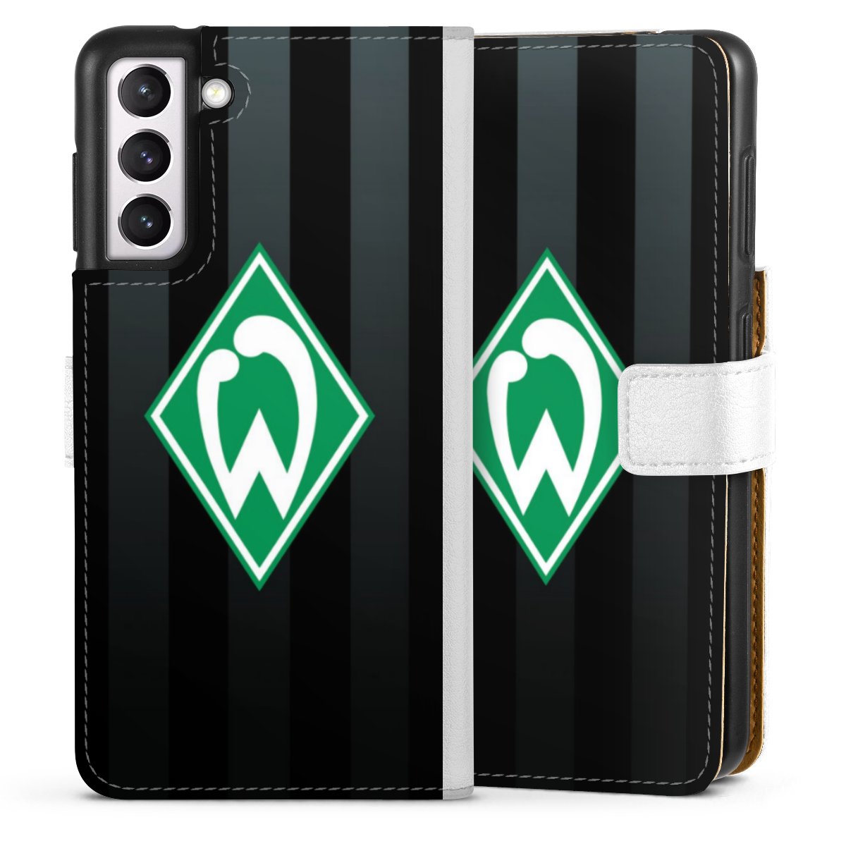 Galaxy S21 5G Handy Klapphülle Handyhülle aus Kunst Leder weiß Flip Case Stripes Sv Werder Bremen Official Licensed Product Sideflip mit Lasche