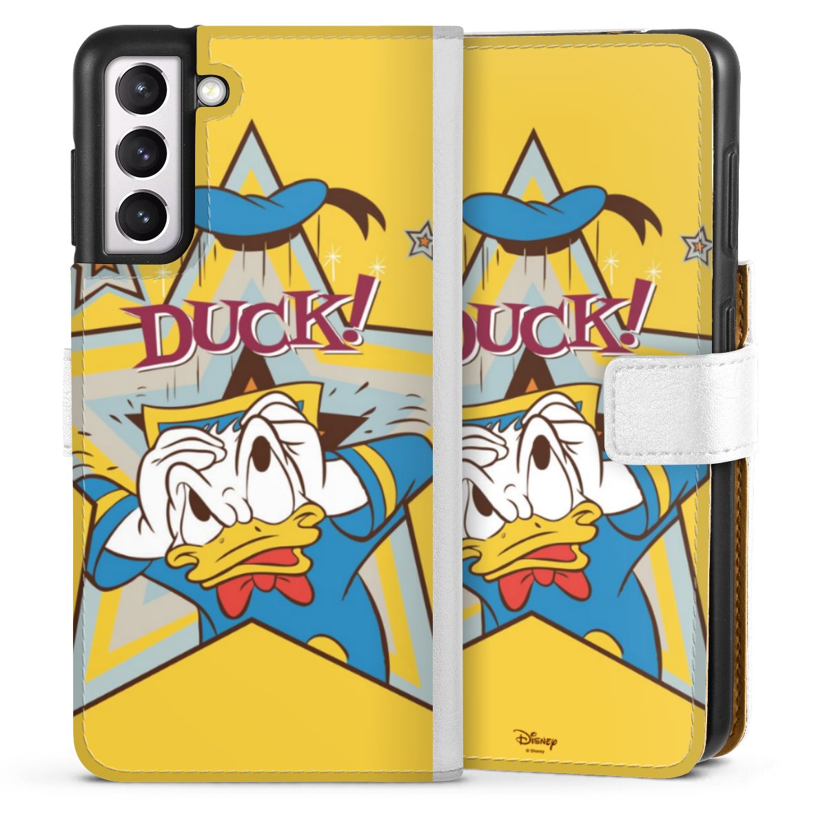 Galaxy S21 5G Handy Klapphülle Handyhülle aus Kunst Leder weiß Flip Case Official Licensed Product Donald Duck Disney Sideflip mit Lasche