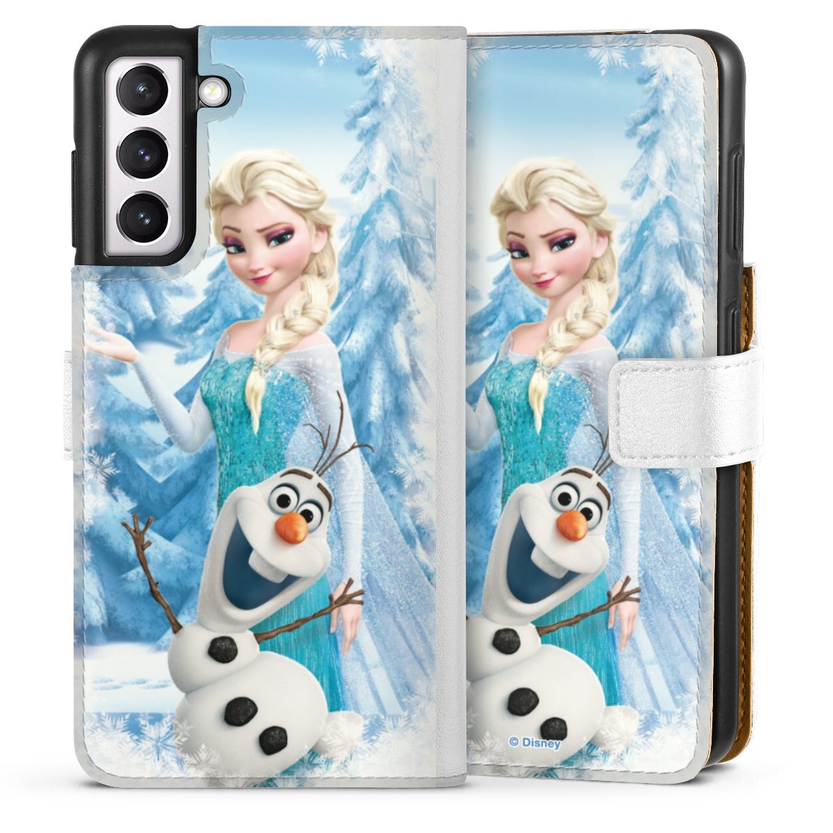 Galaxy S21 5G Handy Klapphülle Handyhülle aus Kunst Leder weiß Flip Case Official Licensed Product Frozen Elsa Disney Sideflip mit Lasche