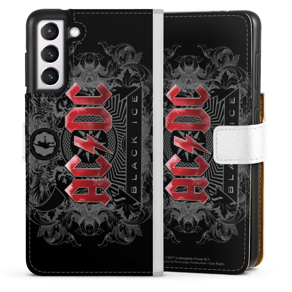 Galaxy S21 5G Handy Klapphülle Handyhülle aus Kunst Leder weiß Flip Case Merchandise Black Ice Acdc Sideflip mit Lasche