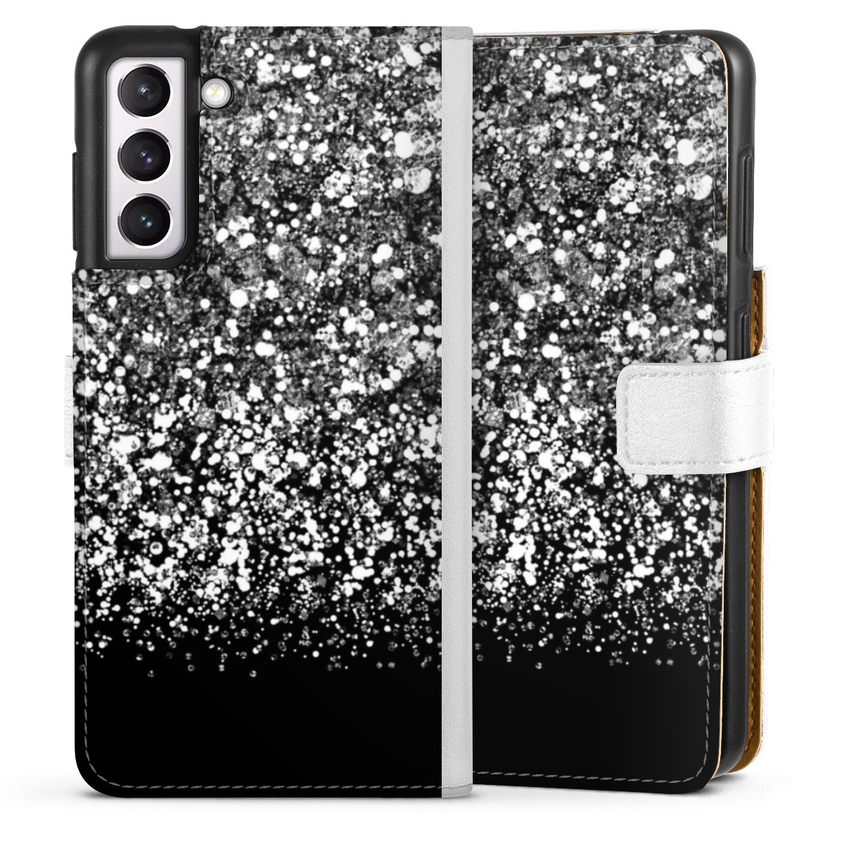 Galaxy S21 5G Handy Klapphülle Handyhülle aus Kunst Leder weiß Flip Case Glitzer Snowflake Muster Sideflip mit Lasche